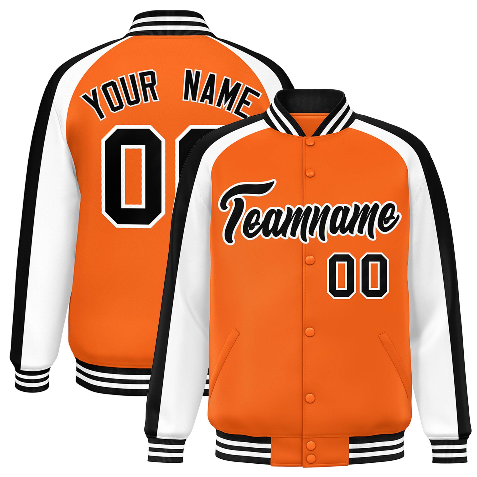 Custom Orange White Varsity Full-Snap Color Block Personalized Raglan Sleeves Letterman Jacket