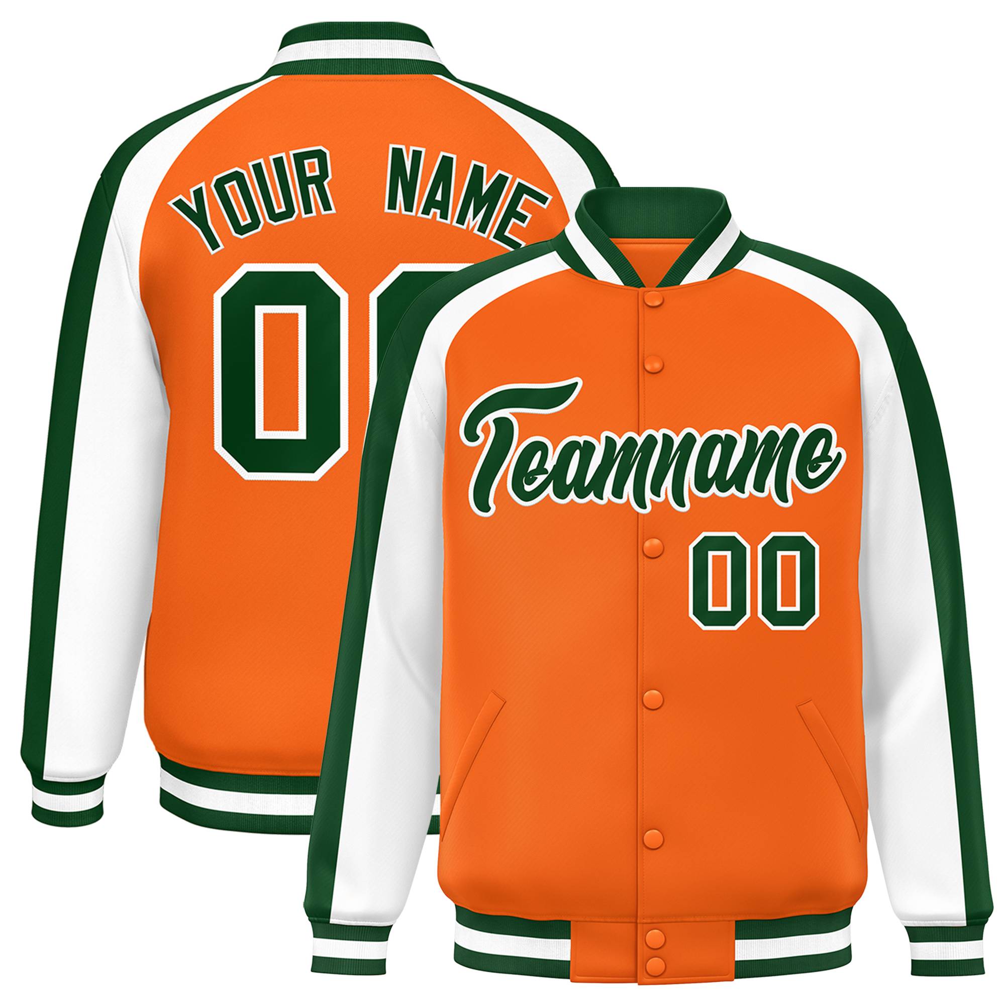 Custom Orange White Varsity Full-Snap Color Block Personalized Raglan Sleeves Letterman Jacket