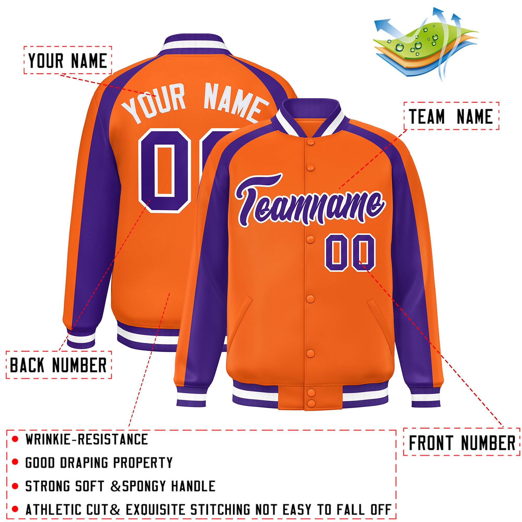 Custom Orange Purple Varsity Full-Snap Color Block Personalized Raglan Sleeves Letterman Jacket