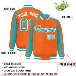 Custom Orange Aqua Varsity Full-Snap Color Block Personalized Raglan Sleeves Letterman Jacket