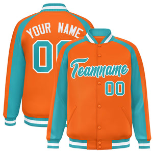 Custom Orange Aqua Varsity Full-Snap Color Block Personalized Raglan Sleeves Letterman Jacket