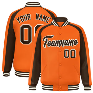 Custom Orange Brown Varsity Full-Snap Color Block Personalized Raglan Sleeves Letterman Jacket