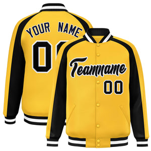 Custom Gold Black Varsity Full-Snap Color Block Personalized Raglan Sleeves Letterman Jacket