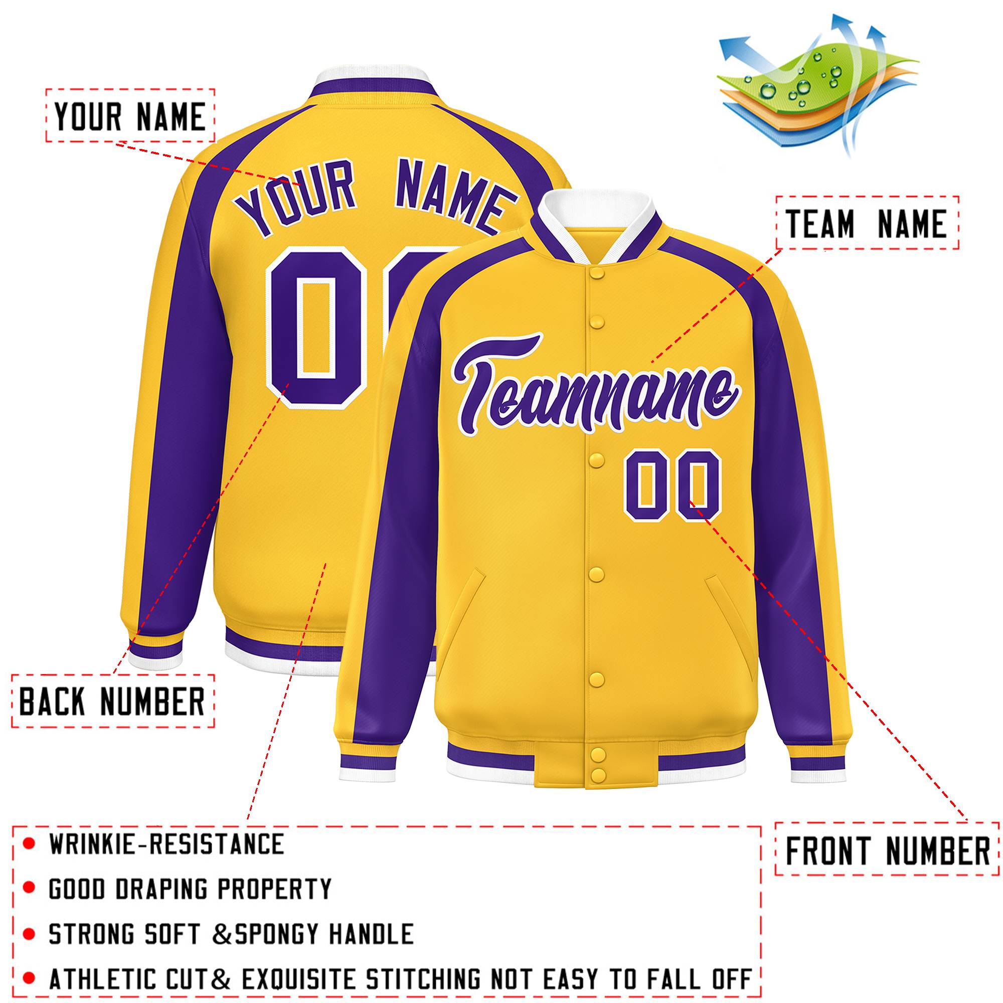 Custom Gold Purple Varsity Full-Snap Color Block Personalized Raglan Sleeves Letterman Jacket