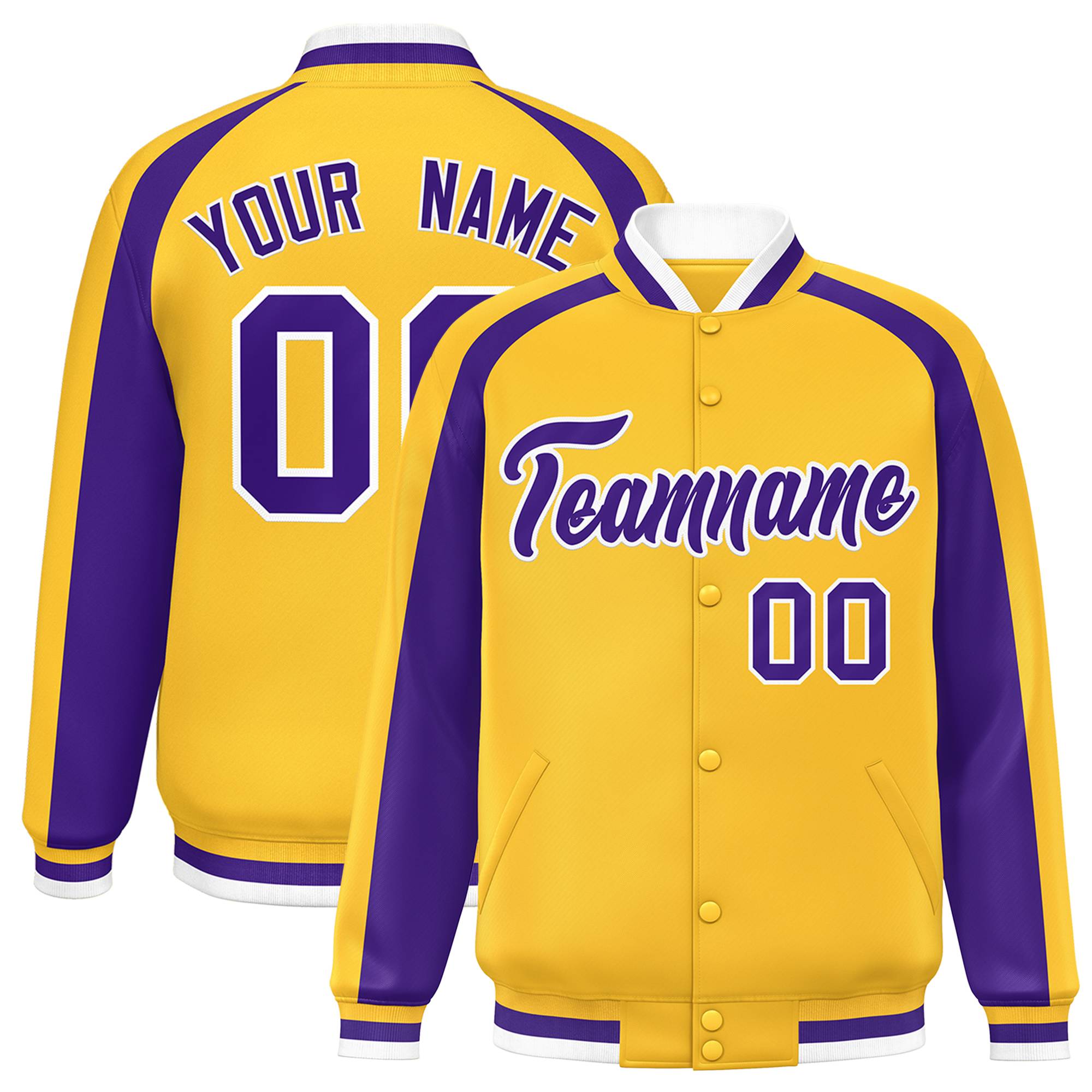 Custom Gold Purple Varsity Full-Snap Color Block Personalized Raglan Sleeves Letterman Jacket