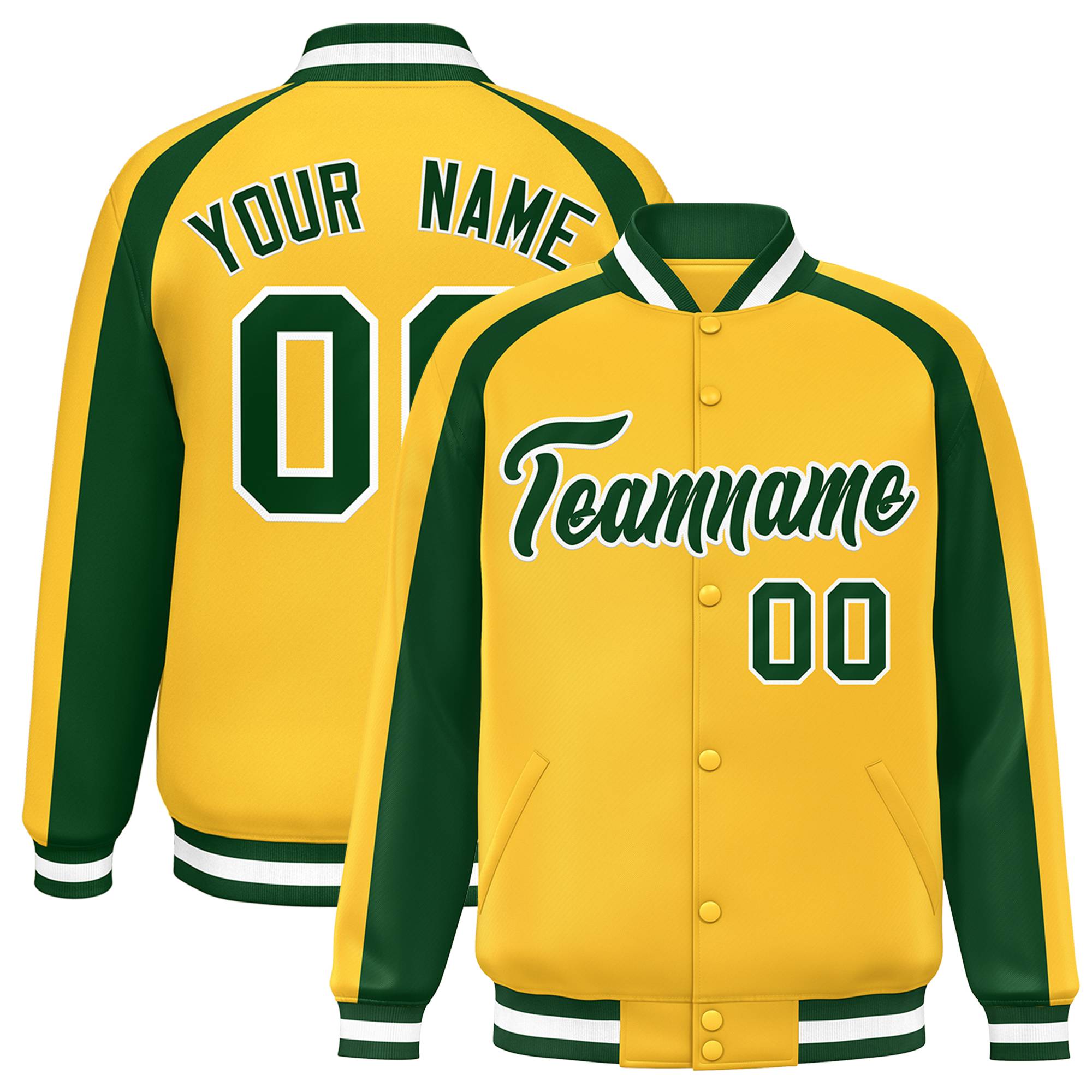 Custom Gold Green Varsity Full-Snap Color Block Personalized Raglan Sleeves Letterman Jacket