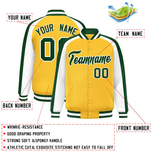 Custom Gold White Varsity Full-Snap Color Block Personalized Raglan Sleeves Letterman Jacket