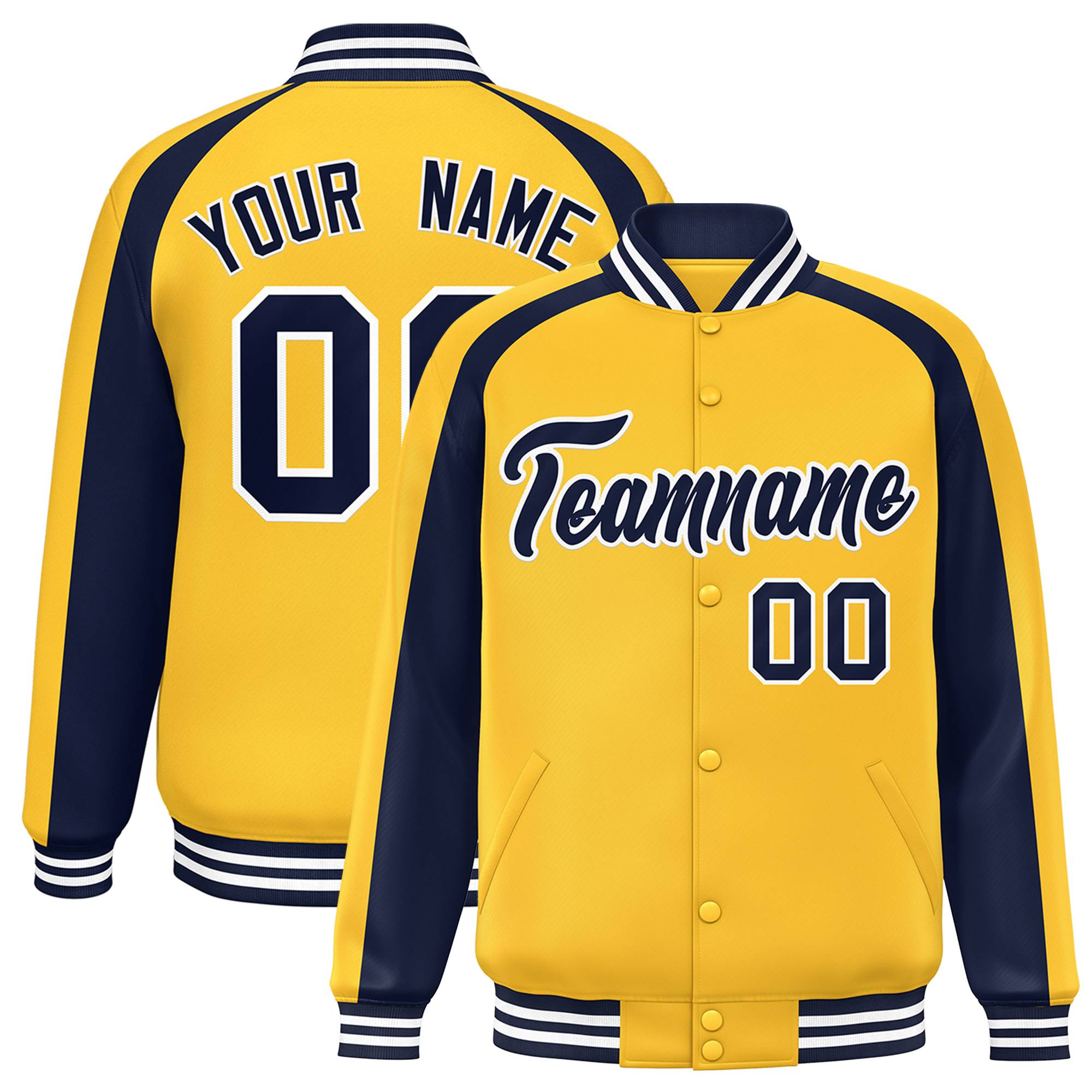 Custom Gold Navy Varsity Full-Snap Color Block Personalized Raglan Sleeves Letterman Jacket