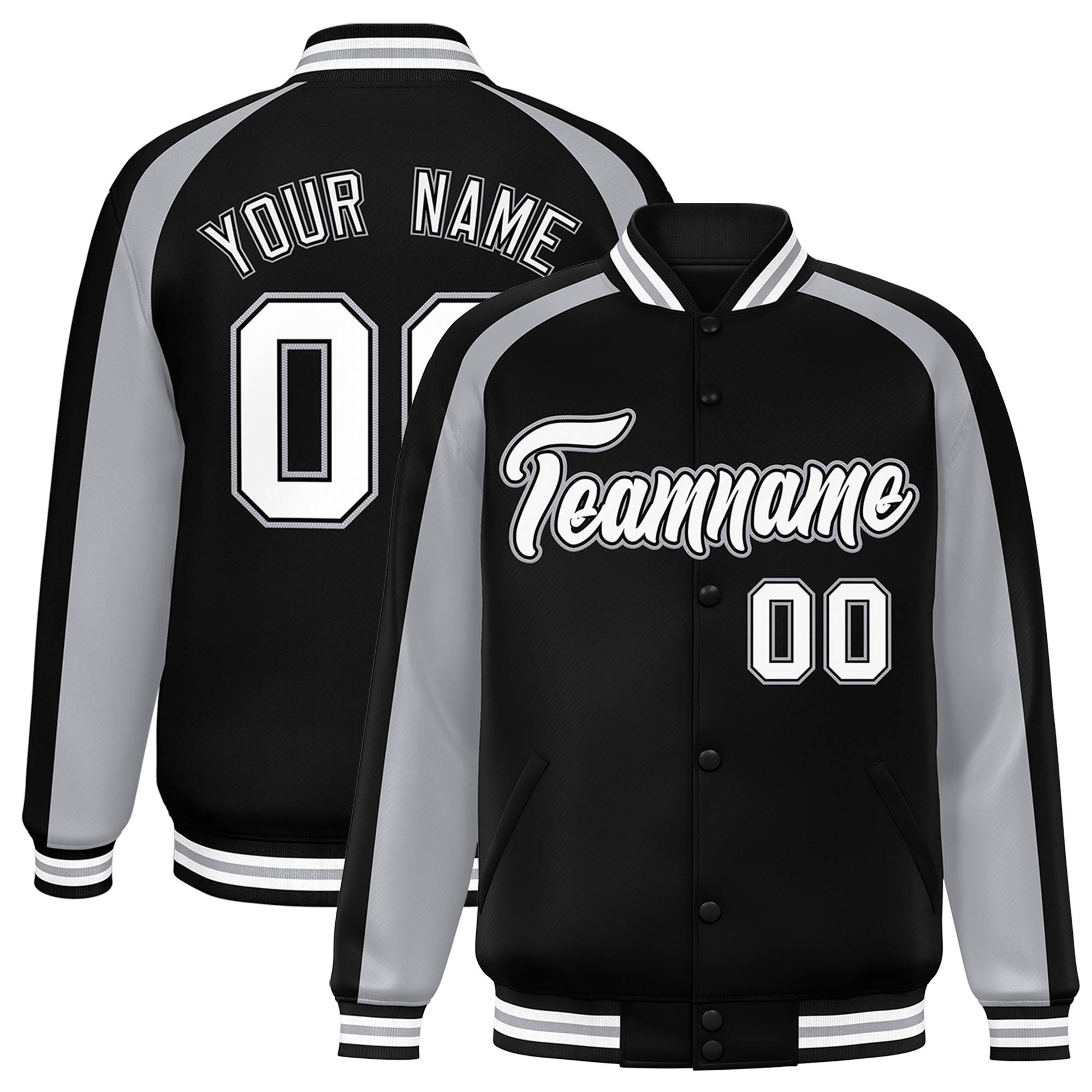 Custom Black Gray Varsity Full-Snap Color Block Personalized Raglan Sleeves Letterman Jacket