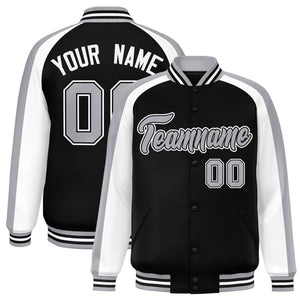 Custom Black White Varsity Full-Snap Color Block Personalized Raglan Sleeves Letterman Jacket