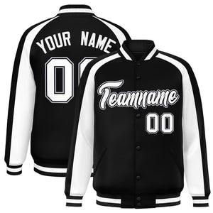 Custom Black White Varsity Full-Snap Color Block Personalized Raglan Sleeves Letterman Jacket