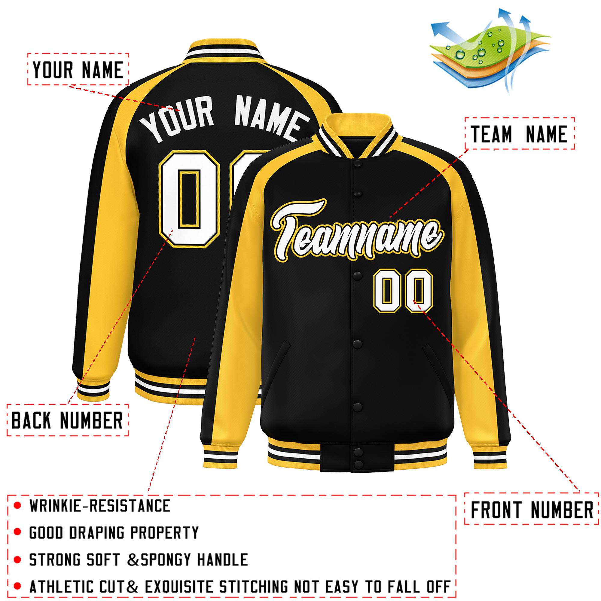 Custom Black Gold Varsity Full-Snap Color Block Personalized Raglan Sleeves Letterman Jacket