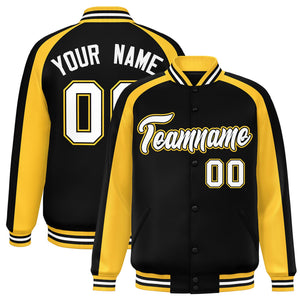 Custom Black Gold Varsity Full-Snap Color Block Personalized Raglan Sleeves Letterman Jacket