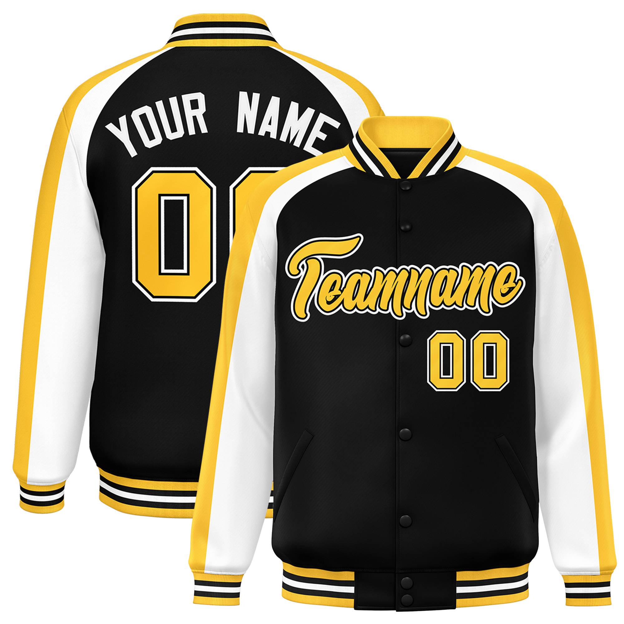 Custom Black White Varsity Full-Snap Color Block Personalized Raglan Sleeves Letterman Jacket