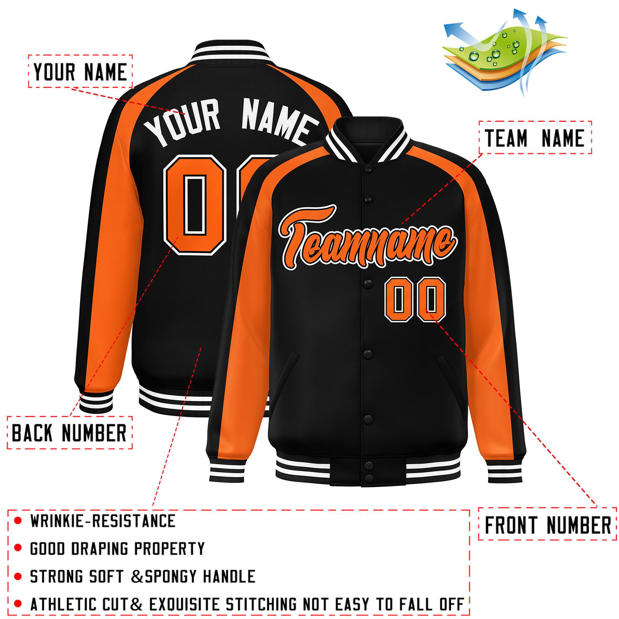 Custom Black Orange Varsity Full-Snap Color Block Personalized Raglan Sleeves Letterman Jacket