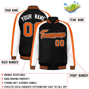 Custom Black White Varsity Full-Snap Color Block Personalized Raglan Sleeves Letterman Jacket