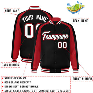 Custom Black Red Varsity Full-Snap Color Block Personalized Raglan Sleeves Letterman Jacket