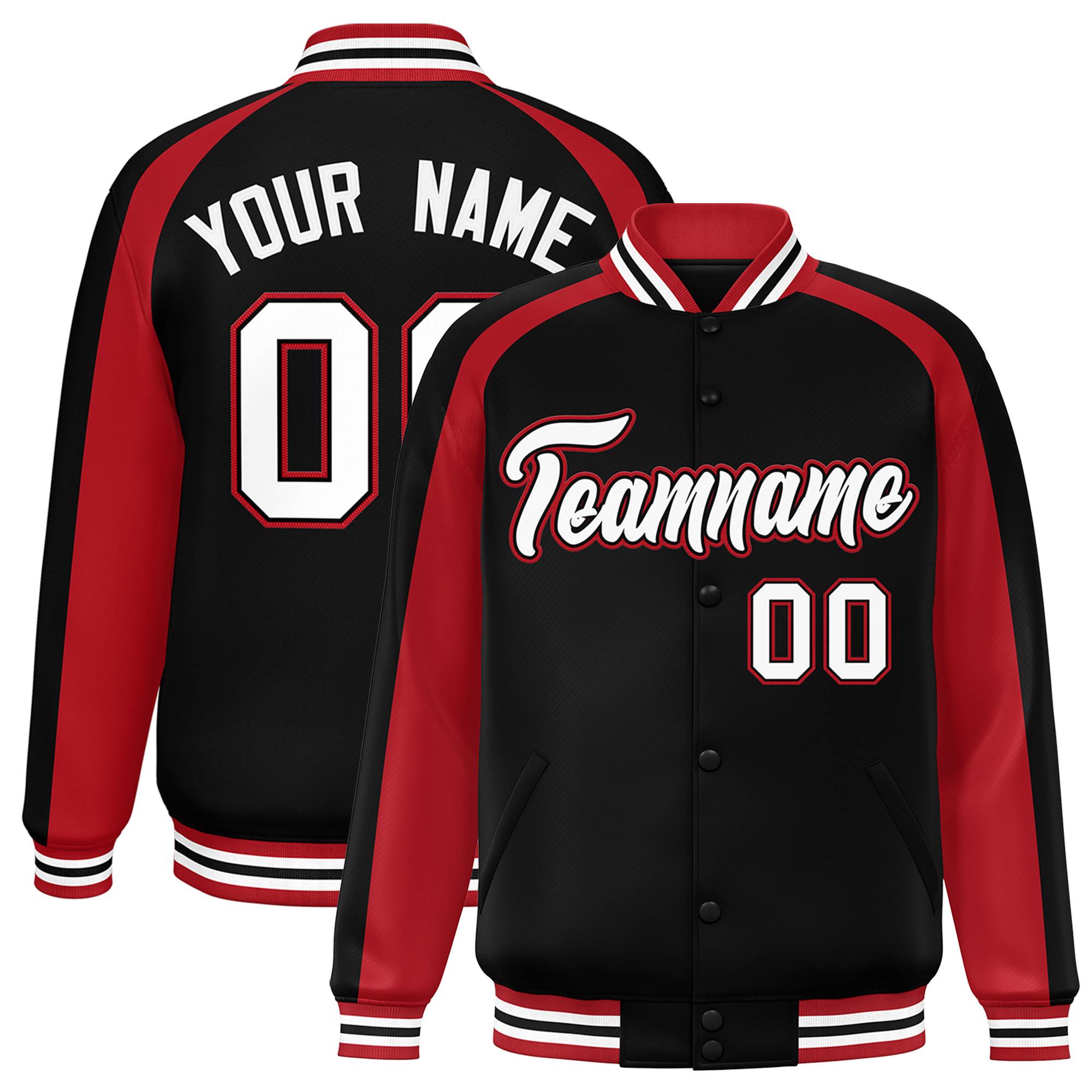 Custom Black Red Varsity Full-Snap Color Block Personalized Raglan Sleeves Letterman Jacket