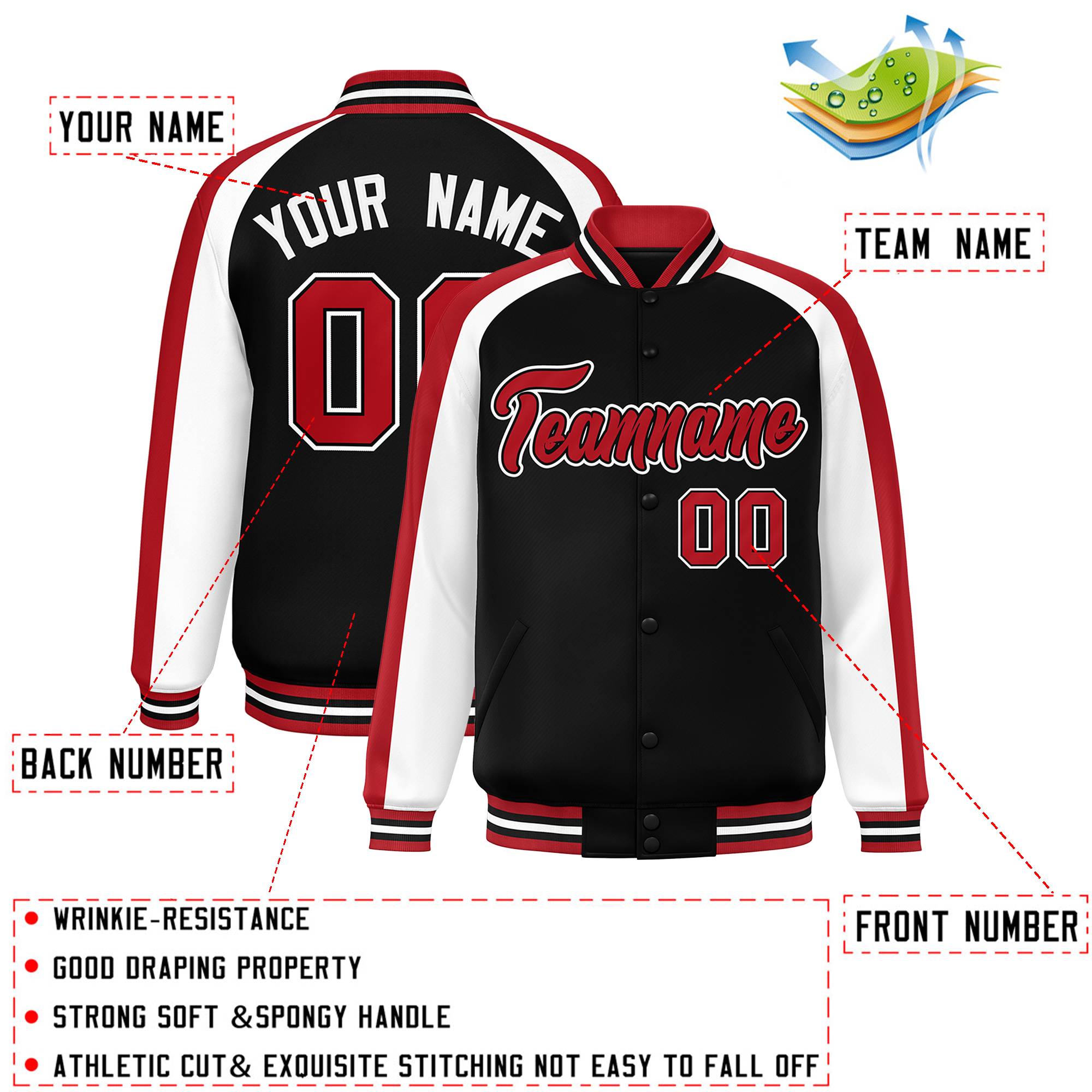 Custom Black White Varsity Full-Snap Color Block Personalized Raglan Sleeves Letterman Jacket