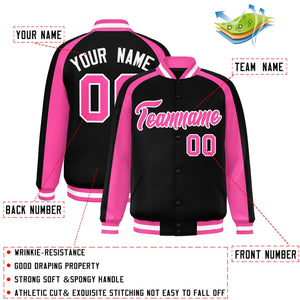 Custom Black Pink Varsity Full-Snap Color Block Personalized Raglan Sleeves Letterman Jacket