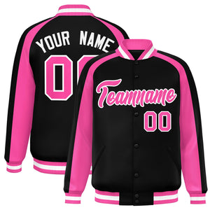 Custom Black Pink Varsity Full-Snap Color Block Personalized Raglan Sleeves Letterman Jacket