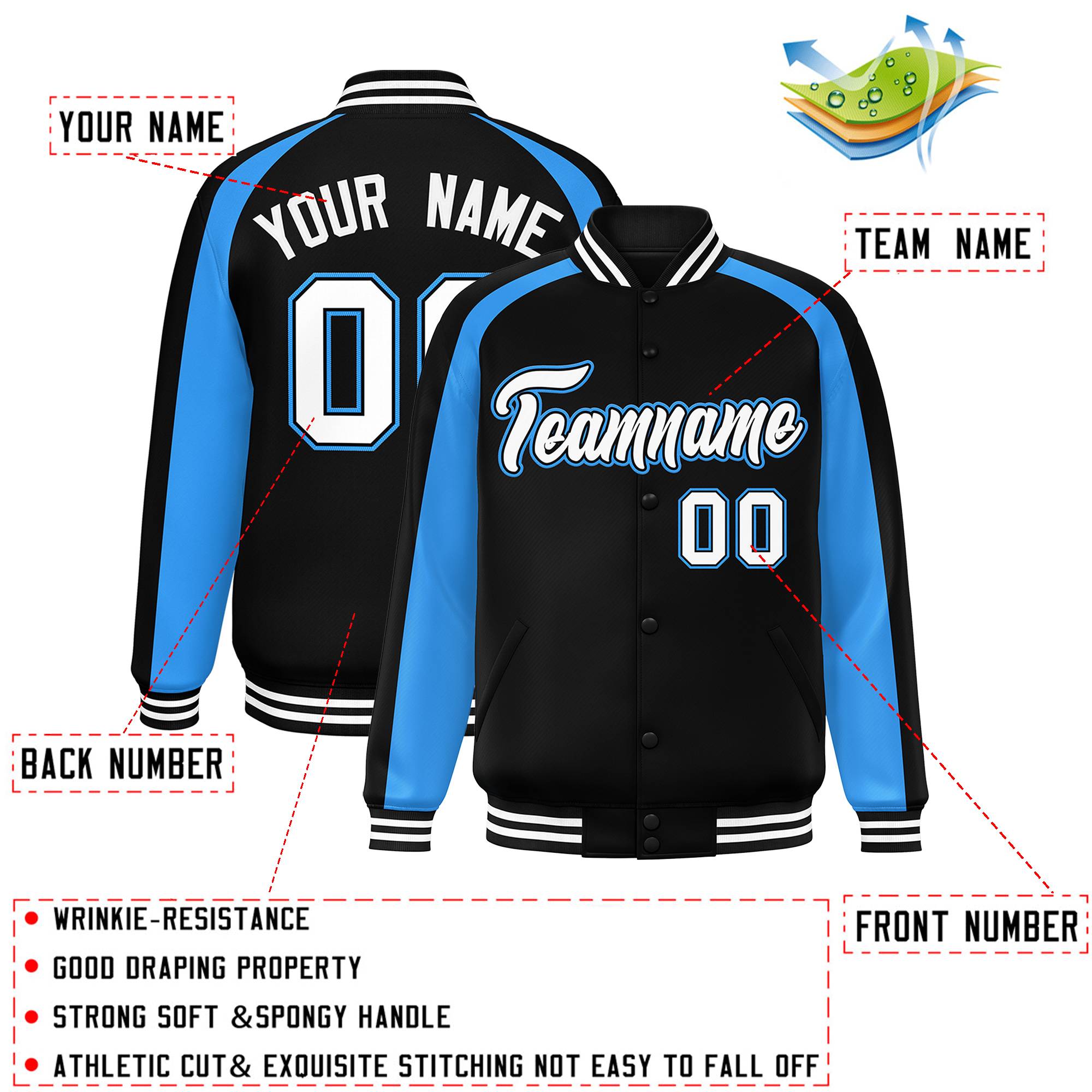 Custom Black Powder Blue Varsity Full-Snap Color Block Personalized Raglan Sleeves Letterman Jacket