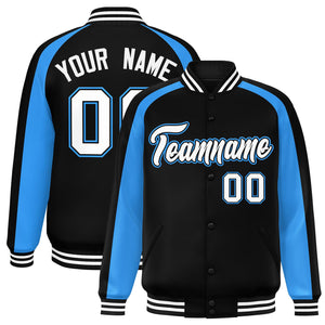 Custom Black Powder Blue Varsity Full-Snap Color Block Personalized Raglan Sleeves Letterman Jacket