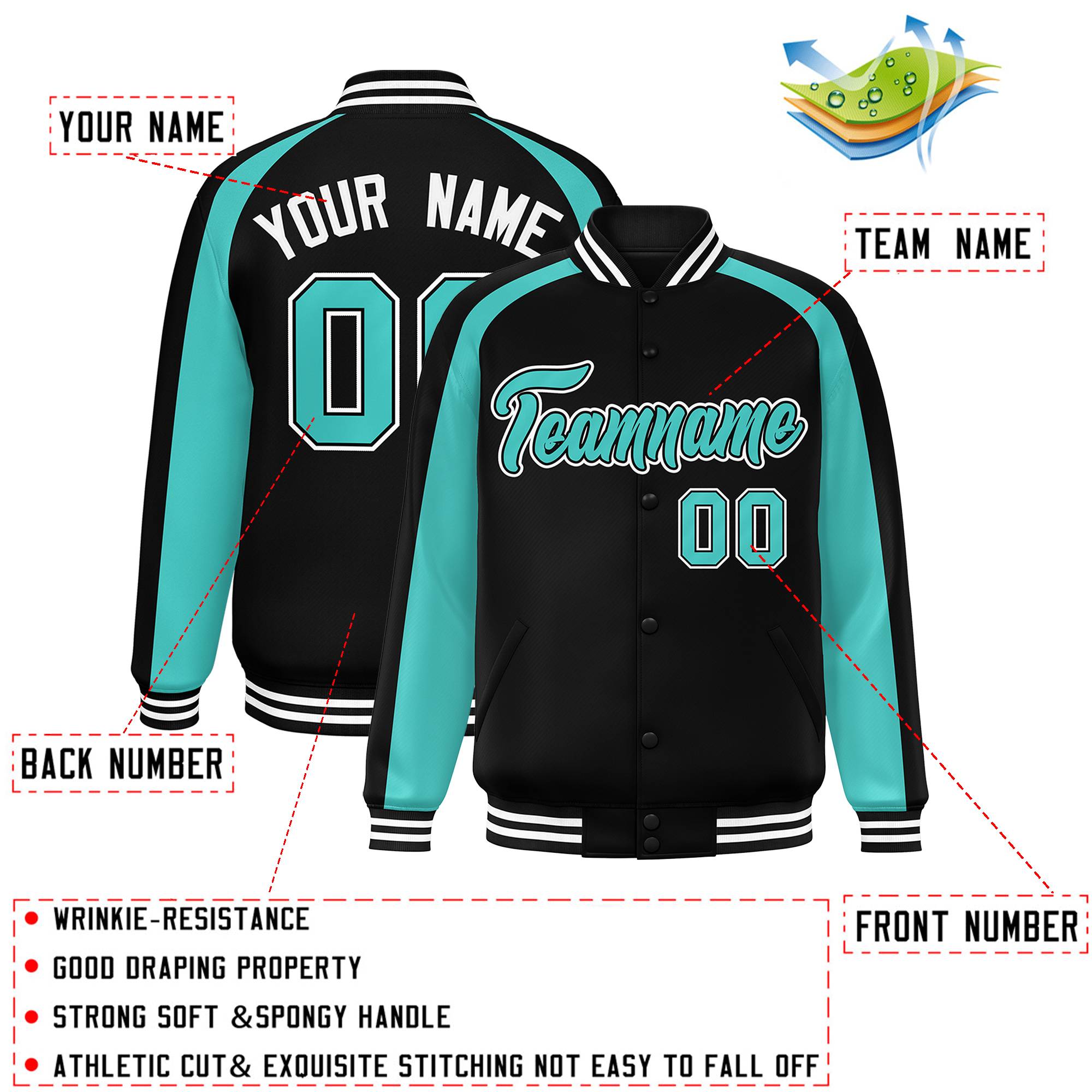 Custom Black Bright Green Varsity Full-Snap Color Block Personalized Raglan Sleeves Letterman Jacket