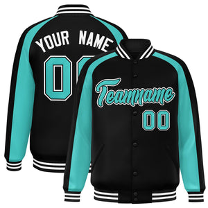 Custom Black Bright Green Varsity Full-Snap Color Block Personalized Raglan Sleeves Letterman Jacket