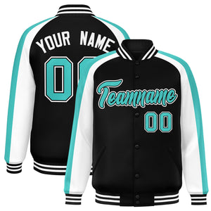 Custom Black White Varsity Full-Snap Color Block Personalized Raglan Sleeves Letterman Jacket