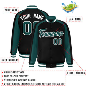 Custom Black Aqua Varsity Full-Snap Color Block Personalized Raglan Sleeves Letterman Jacket