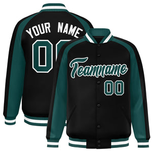 Custom Black Aqua Varsity Full-Snap Color Block Personalized Raglan Sleeves Letterman Jacket