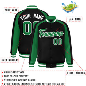 Custom Black Kelly Green Varsity Full-Snap Color Block Personalized Raglan Sleeves Letterman Jacket