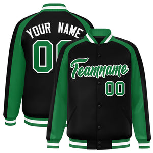 Custom Black Kelly Green Varsity Full-Snap Color Block Personalized Raglan Sleeves Letterman Jacket