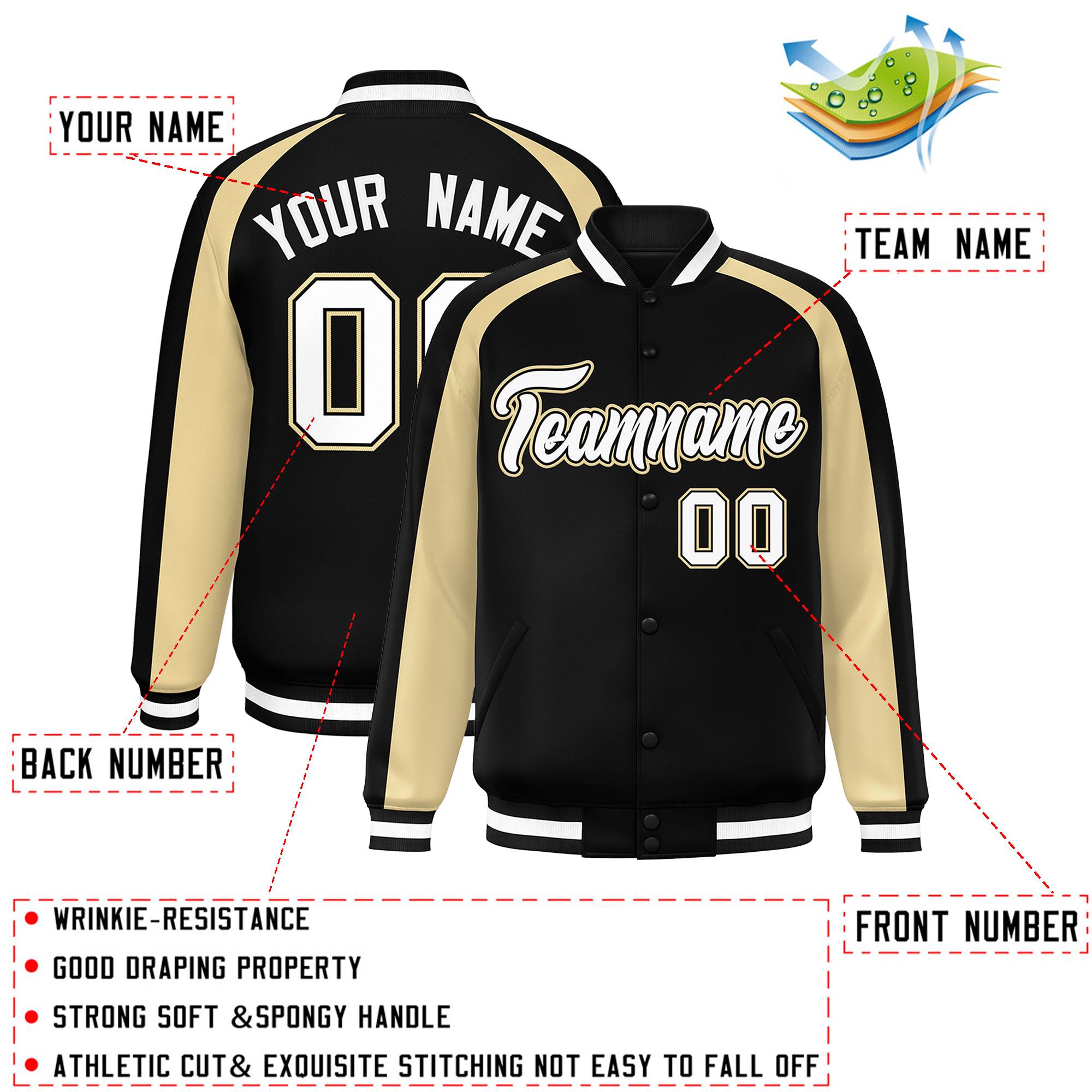 Custom Black Khaki Varsity Full-Snap Color Block Personalized Raglan Sleeves Letterman Jacket