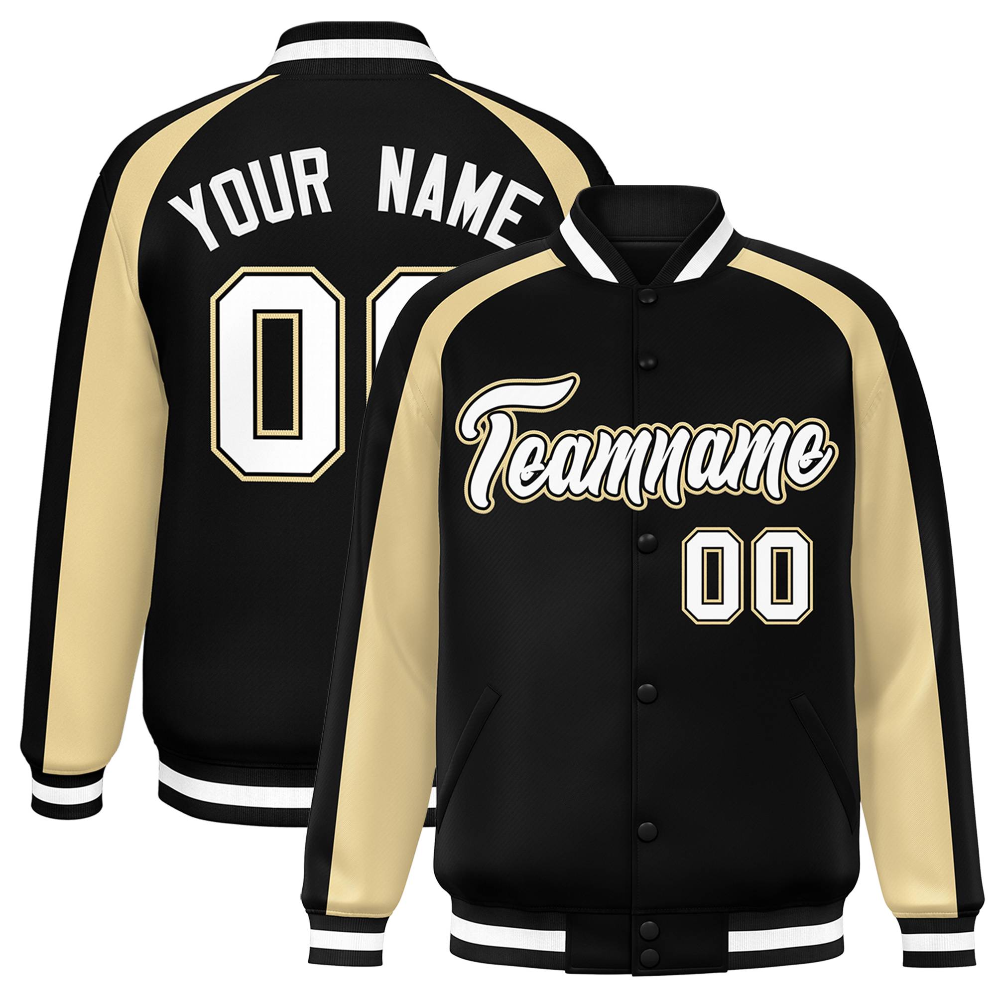 Custom Black Khaki Varsity Full-Snap Color Block Personalized Raglan Sleeves Letterman Jacket