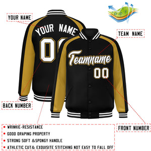 Custom Black Old Gold Varsity Full-Snap Color Block Personalized Raglan Sleeves Letterman Jacket