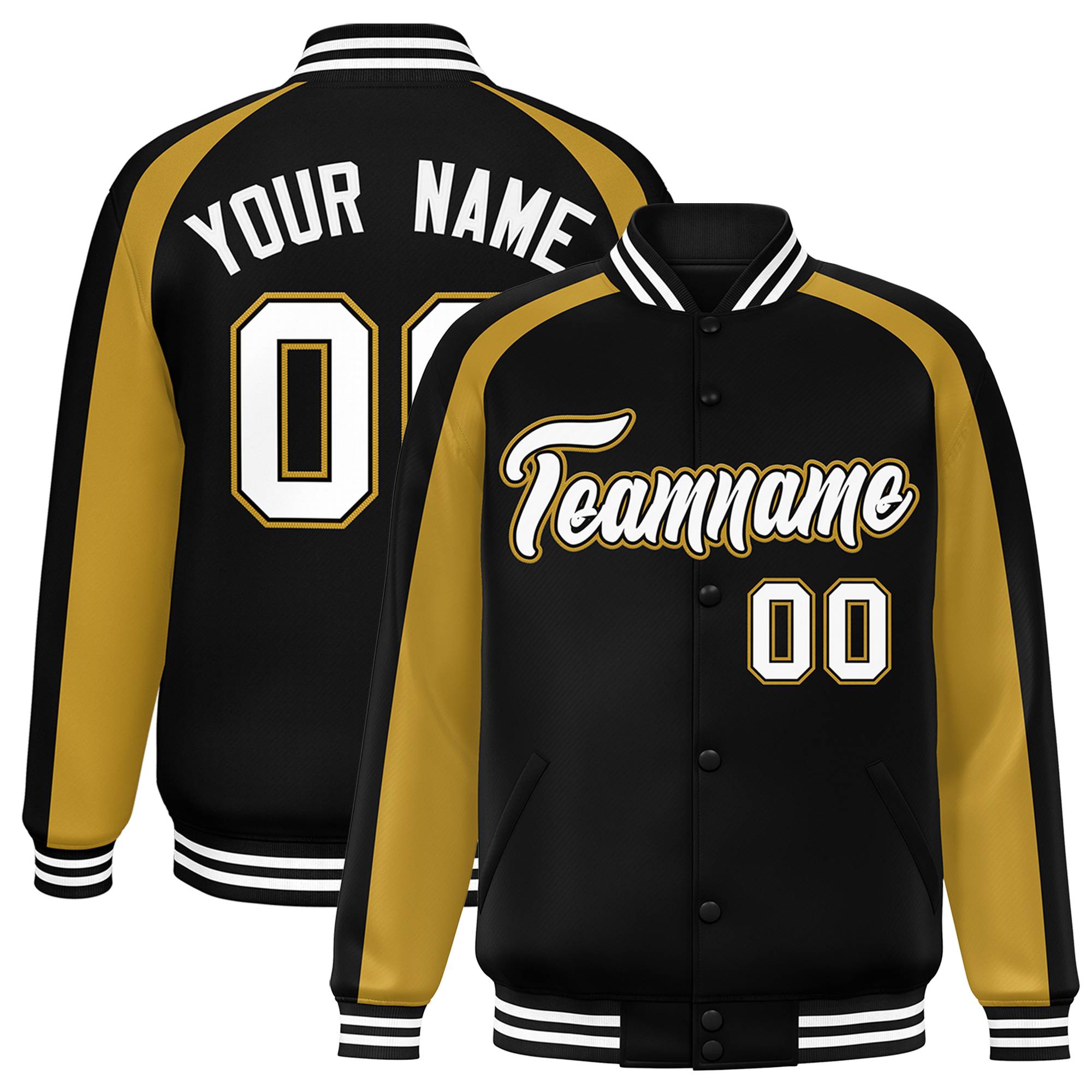 Custom Black Old Gold Varsity Full-Snap Color Block Personalized Raglan Sleeves Letterman Jacket