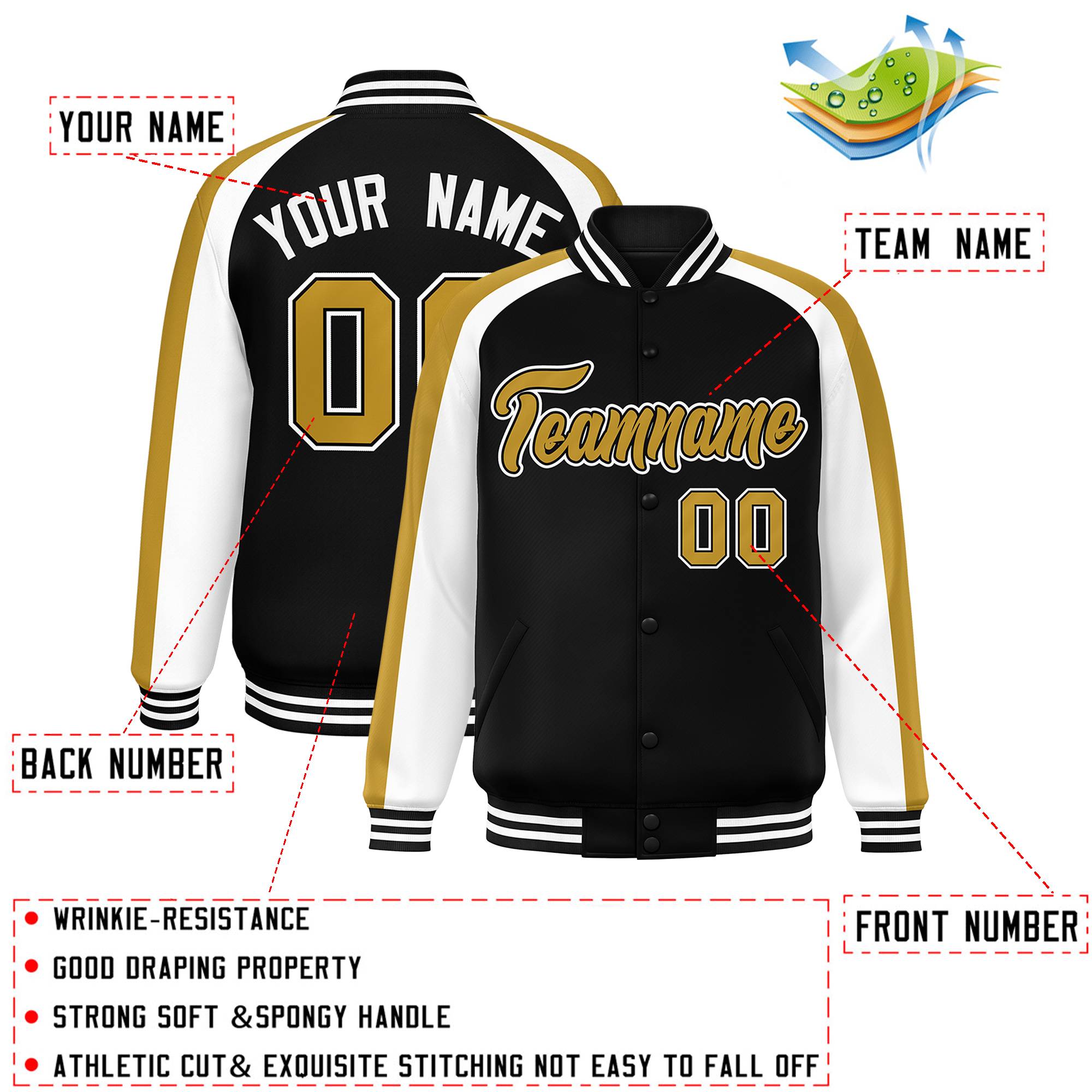 Custom Black White Varsity Full-Snap Color Block Personalized Raglan Sleeves Letterman Jacket