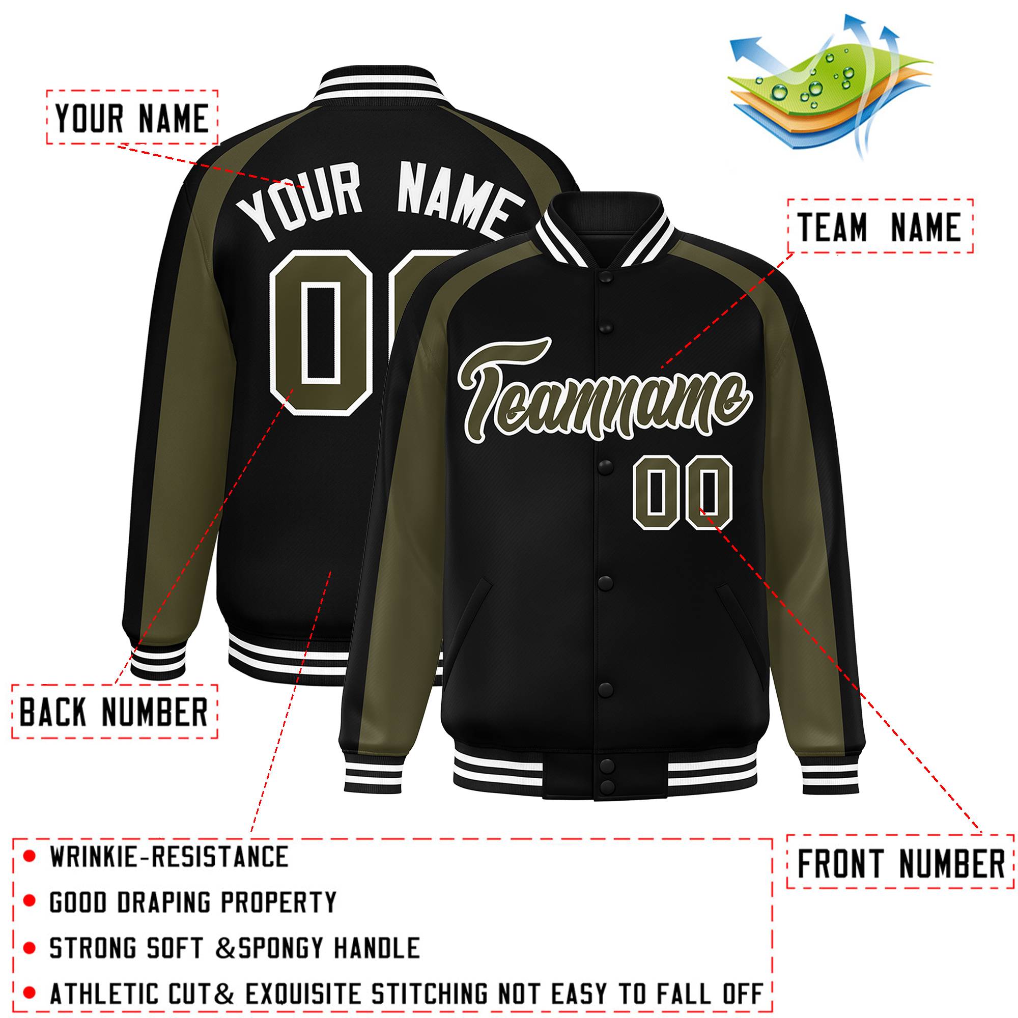 Custom Black Olive Varsity Full-Snap Color Block Personalized Raglan Sleeves Letterman Jacket