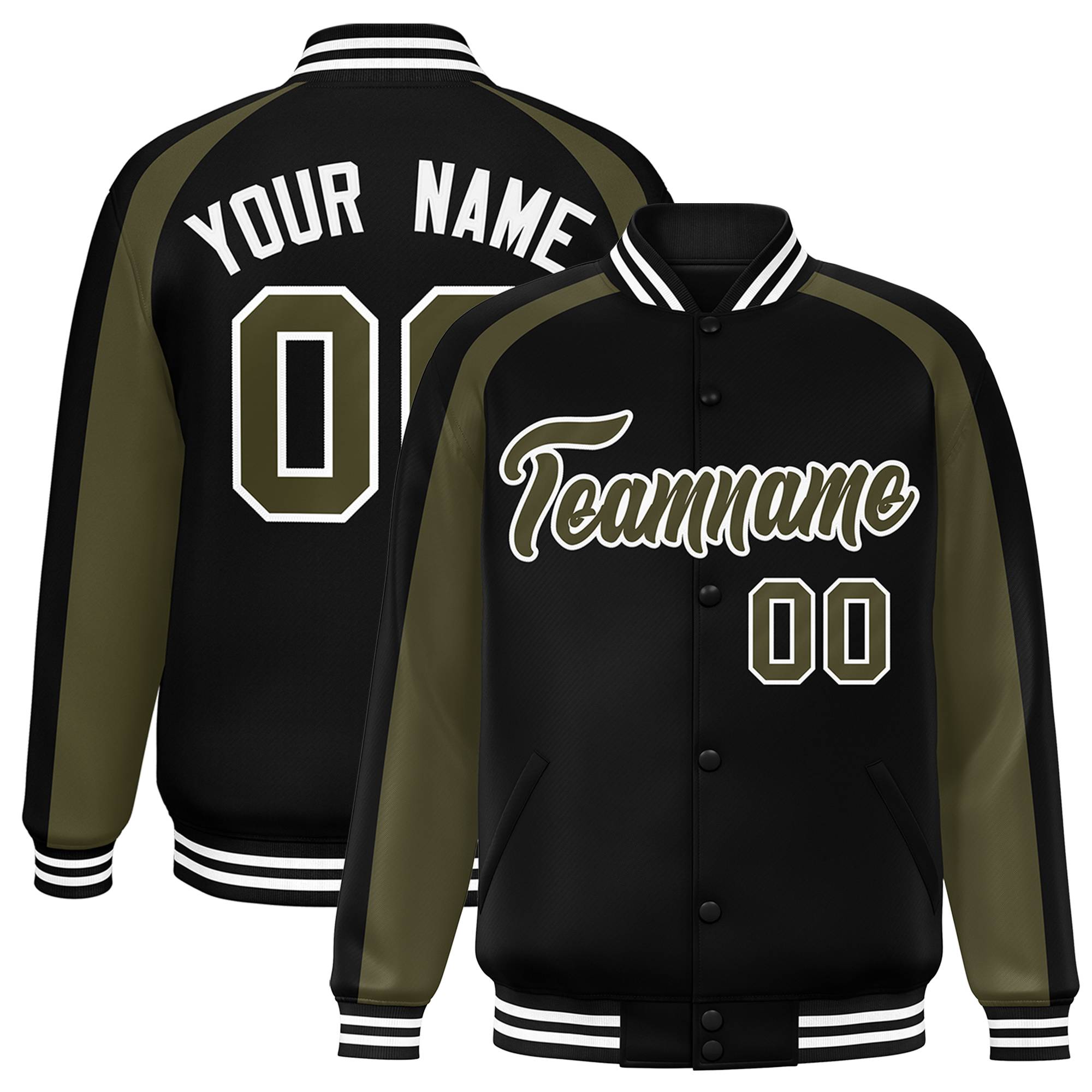 Custom Black Olive Varsity Full-Snap Color Block Personalized Raglan Sleeves Letterman Jacket