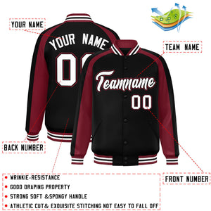 Custom Black Crimson Varsity Full-Snap Color Block Personalized Raglan Sleeves Letterman Jacket