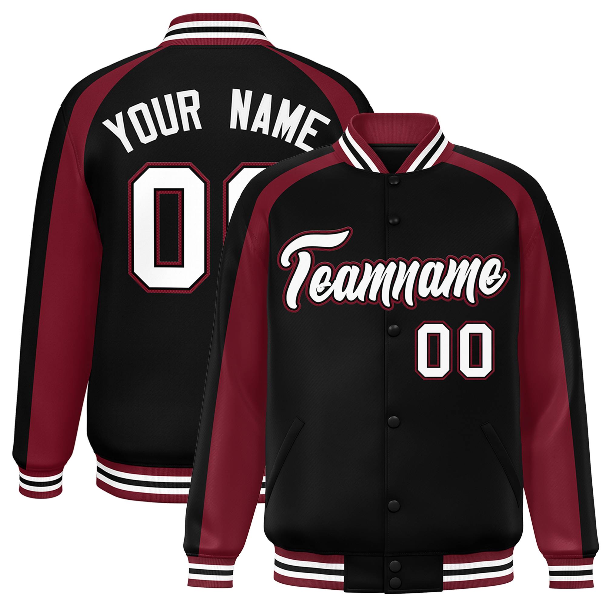 Custom Black Crimson Varsity Full-Snap Color Block Personalized Raglan Sleeves Letterman Jacket