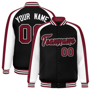 Custom Black White Varsity Full-Snap Color Block Personalized Raglan Sleeves Letterman Jacket