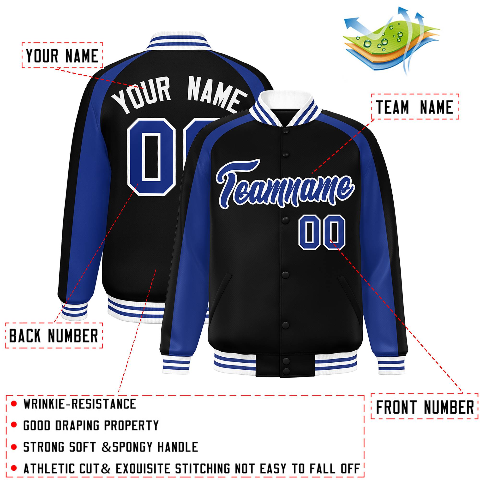 Custom Black Royal Varsity Full-Snap Color Block Personalized Raglan Sleeves Letterman Jacket