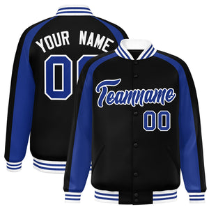 Custom Black Royal Varsity Full-Snap Color Block Personalized Raglan Sleeves Letterman Jacket