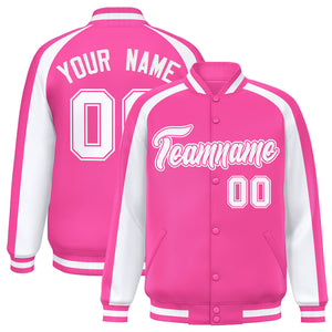 Custom Pink White Varsity Full-Snap Color Block Personalized Raglan Sleeves Letterman Jacket