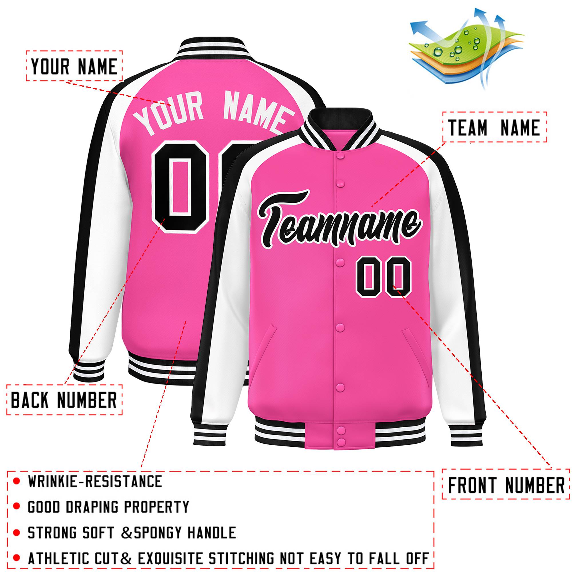 Custom Pink White Varsity Full-Snap Color Block Personalized Raglan Sleeves Letterman Jacket