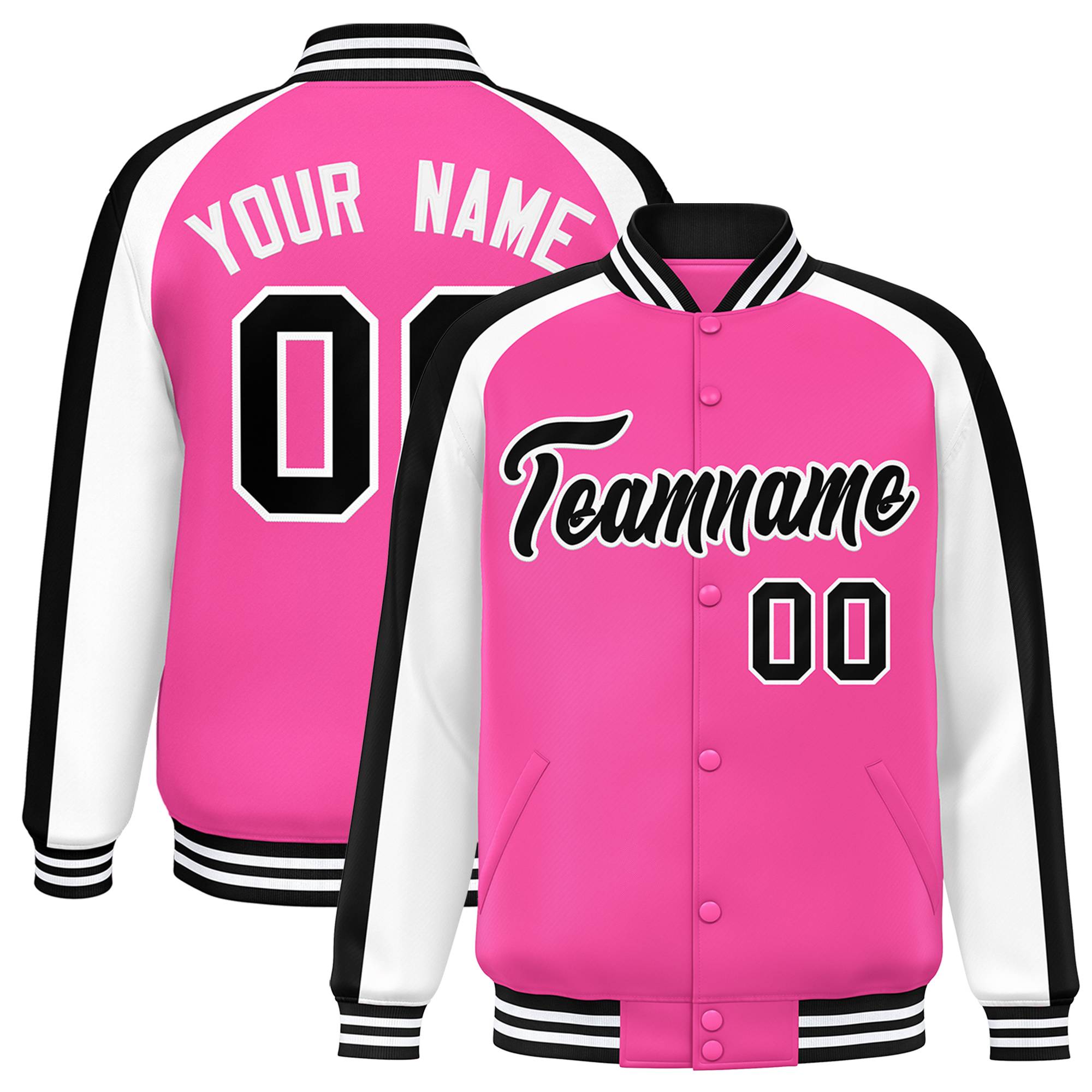 Custom Pink White Varsity Full-Snap Color Block Personalized Raglan Sleeves Letterman Jacket