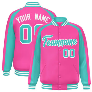 Custom Pink Neon Green Varsity Full-Snap Color Block Personalized Raglan Sleeves Letterman Jacket